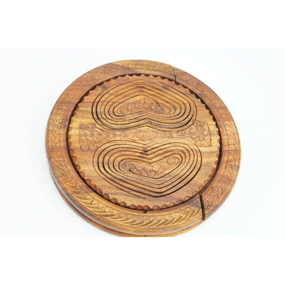 Rosewood Collapsible Wooden Basket 8 Inch Brown Hand Carved Yin Yang Heart Good